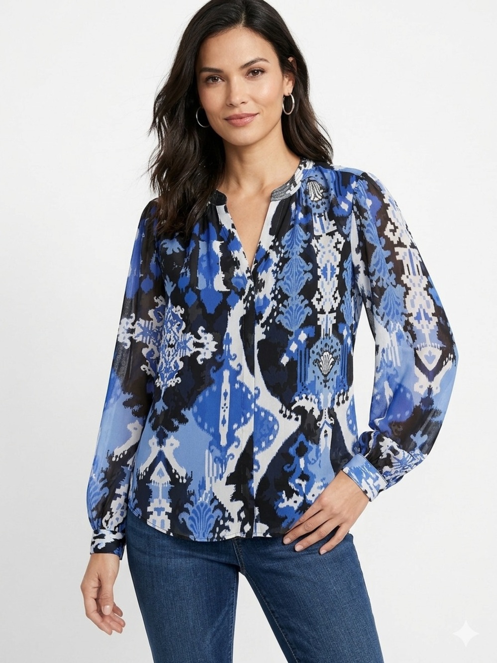 Chico's Abstract Ikat Medallion Print V-Neck Blouse Top – NWT Size XL